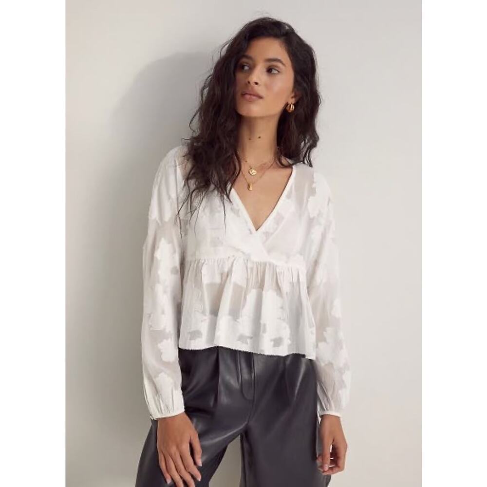 Wilfred X Aritzia Womens Augustine Blouse Crossover Front Peplum Hem Sheer White